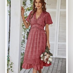 Red ditsy floral midi dress Small flowy ruffle hem short sleeve v neck NWT